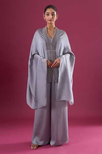 Buy_Amit Aggarwal_Grey Satin, Chiffon Beads Shawl Neck Placed Embroidered Cape And Pant Set _at_Aza_Fashions
