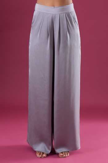 Amit Aggarwal_Grey Satin, Chiffon Beads Shawl Neck Placed Embroidered Cape And Pant Set _at_Aza_Fashions