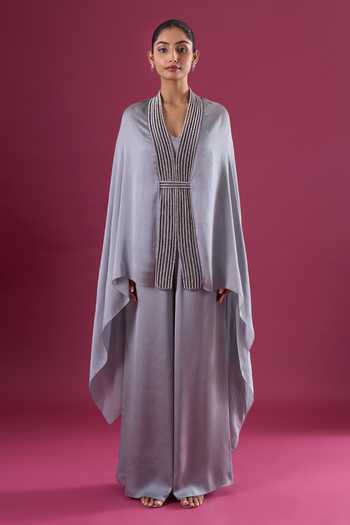 Buy_Amit Aggarwal_Grey Satin, Chiffon Beads Shawl Neck Placed Embroidered Cape And Pant Set 