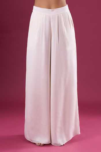 Shop_Amit Aggarwal_Ivory Satin, Chiffon Embroidery V-neck Placed Cape Pant Set _Online_at_Aza_Fashions