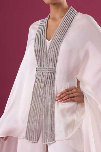 Amit Aggarwal_Ivory Satin, Chiffon Embroidery V-neck Placed Cape Pant Set _at_Aza_Fashions