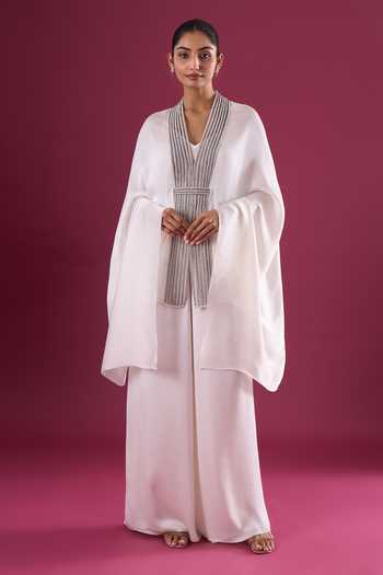 Buy_Amit Aggarwal_Ivory Satin, Chiffon Embroidery V-neck Placed Cape Pant Set _at_Aza_Fashions