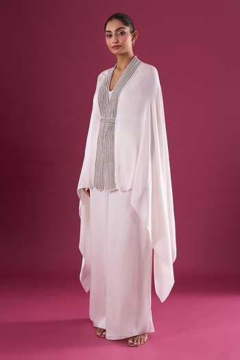Buy_Amit Aggarwal_Ivory Satin, Chiffon Embroidery V-neck Placed Cape Pant Set 