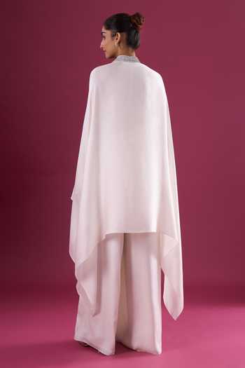 Amit Aggarwal_Ivory Satin, Chiffon Embroidery V-neck Placed Cape Pant Set _Online_at_Aza_Fashions