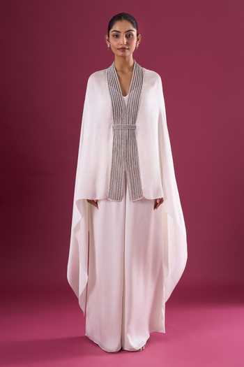 Shop_Amit Aggarwal_Ivory Satin, Chiffon Embroidery V-neck Placed Cape Pant Set 