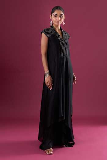 Buy_Amit Aggarwal_Black Chiffon Beads V-neck Embellished Yoke Dress _Online_at_Aza_Fashions