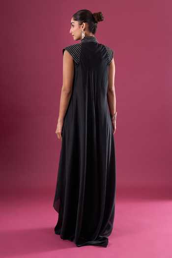 Shop_Amit Aggarwal_Black Chiffon Beads V-neck Embellished Yoke Dress _at_Aza_Fashions