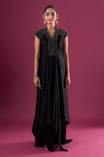 Shop_Amit Aggarwal_Black Chiffon Beads V-neck Embellished Yoke Dress _Online_at_Aza_Fashions