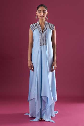 Buy_Amit Aggarwal_Blue Chiffon Beads V-neck Placed Embroidered Maxi Dress _Online_at_Aza_Fashions