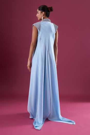 Shop_Amit Aggarwal_Blue Chiffon Beads V-neck Placed Embroidered Maxi Dress _at_Aza_Fashions