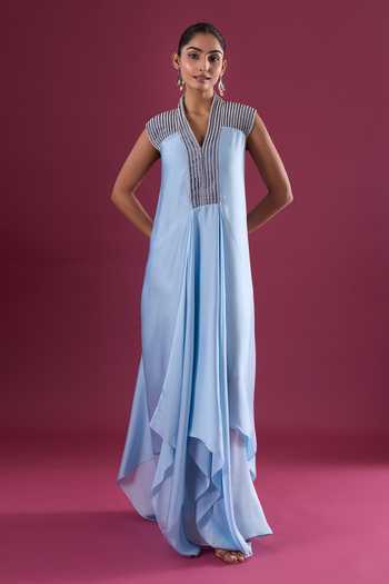 Buy_Amit Aggarwal_Blue Chiffon Beads V-neck Placed Embroidered Maxi Dress _at_Aza_Fashions