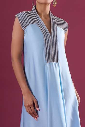 Amit Aggarwal_Blue Chiffon Beads V-neck Placed Embroidered Maxi Dress _at_Aza_Fashions