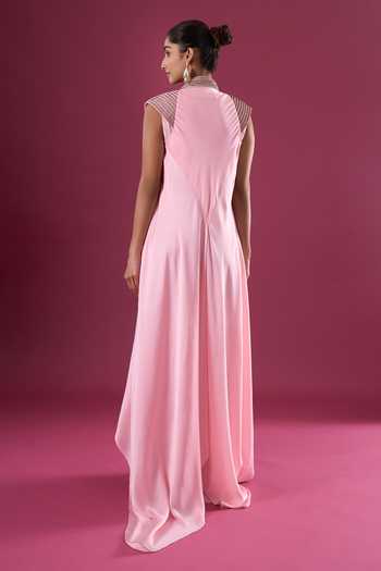 Shop_Amit Aggarwal_Pink Chiffon Beads V-neck Placed Embroidered Maxi Dress _at_Aza_Fashions