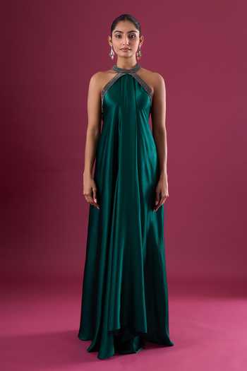 Buy_Amit Aggarwal_Emerald Green Satin, Chiffon Beads Halter , Choker Embroidered Dress _Online_at_Aza_Fashions