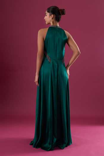 Shop_Amit Aggarwal_Emerald Green Satin, Chiffon Beads Halter , Choker Embroidered Dress _at_Aza_Fashions