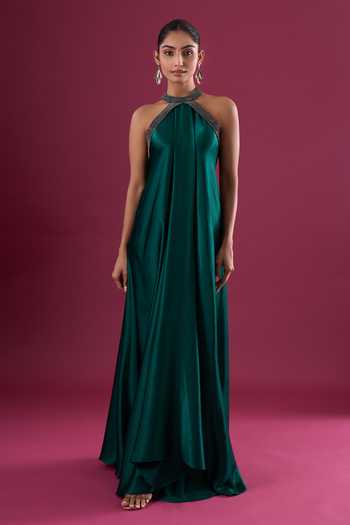 Amit Aggarwal_Emerald Green Satin, Chiffon Beads Halter , Choker Embroidered Dress _at_Aza_Fashions