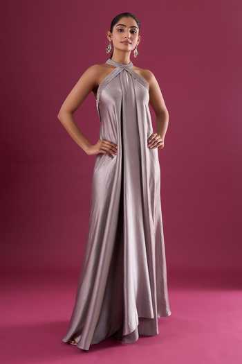 Buy_Amit Aggarwal_Grey Satin, Chiffon Beads Halter Neck Placed Embroidered Dress _at_Aza_Fashions