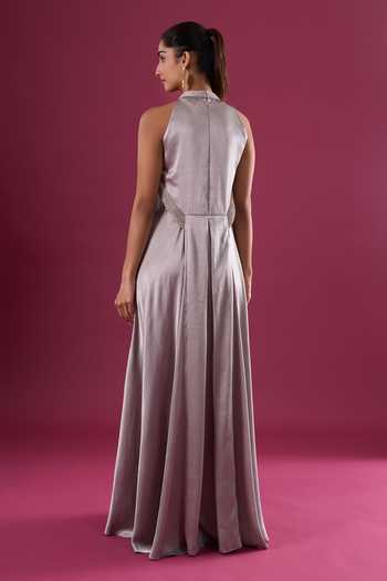 Shop_Amit Aggarwal_Grey Satin, Chiffon Beads Halter Neck Placed Embroidered Dress _at_Aza_Fashions