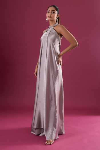 Buy_Amit Aggarwal_Grey Satin, Chiffon Beads Halter Neck Placed Embroidered Dress _Online_at_Aza_Fashions
