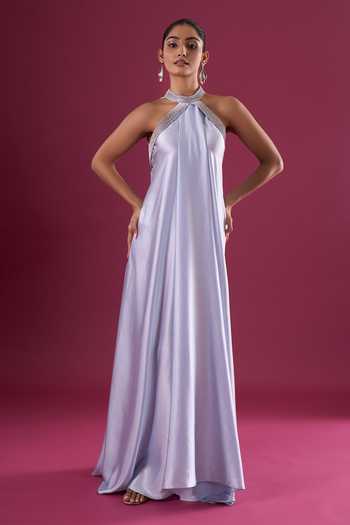 Buy_Amit Aggarwal_Blue Satin, Chiffon Beads Halter , Choker Placed Embroidered Maxi Dress _at_Aza_Fashions