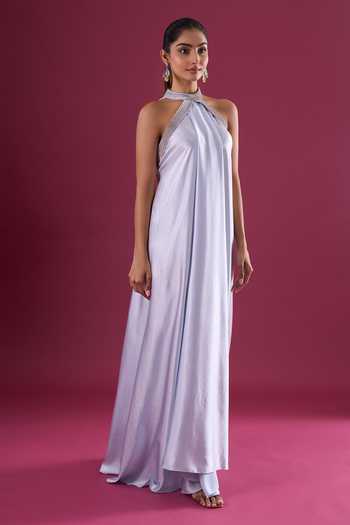 Amit Aggarwal_Blue Satin, Chiffon Beads Halter , Choker Placed Embroidered Maxi Dress _Online_at_Aza_Fashions