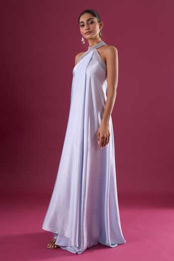 Shop_Amit Aggarwal_Blue Satin, Chiffon Beads Halter , Choker Placed Embroidered Maxi Dress _Online_at_Aza_Fashions