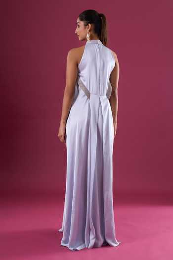 Shop_Amit Aggarwal_Blue Satin, Chiffon Beads Halter , Choker Placed Embroidered Maxi Dress _at_Aza_Fashions
