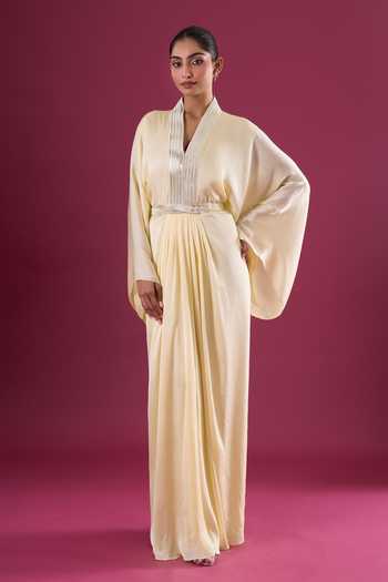 Buy_Amit Aggarwal_Yellow Chiffon Sequins V-neck Embellished Kaftan _at_Aza_Fashions
