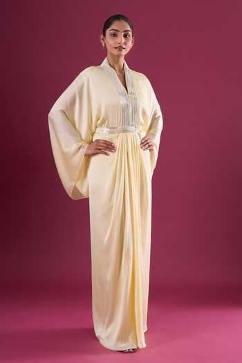 Shop_Amit Aggarwal_Yellow Chiffon Sequins V-neck Embellished Kaftan _Online_at_Aza_Fashions