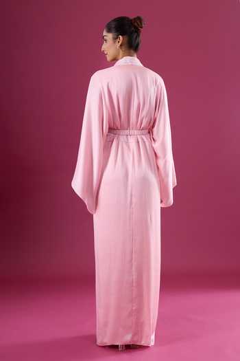 Shop_Amit Aggarwal_Pink Chiffon Sequins V-neck Embellished Yoke Kaftan _at_Aza_Fashions