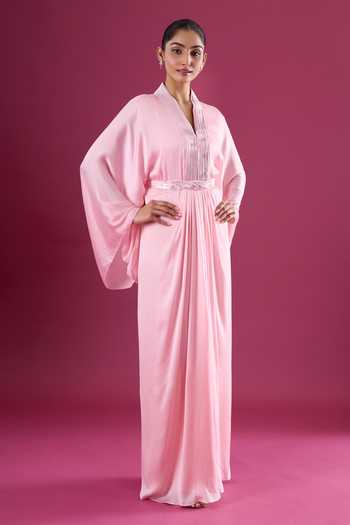 Amit Aggarwal_Pink Chiffon Sequins V-neck Embellished Yoke Kaftan _Online_at_Aza_Fashions