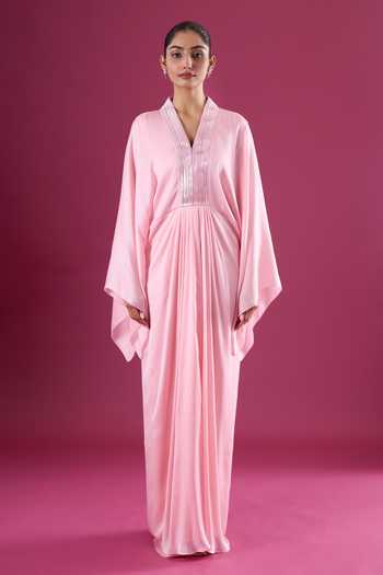 Buy_Amit Aggarwal_Pink Chiffon Sequins V-neck Embellished Yoke Kaftan _Online_at_Aza_Fashions