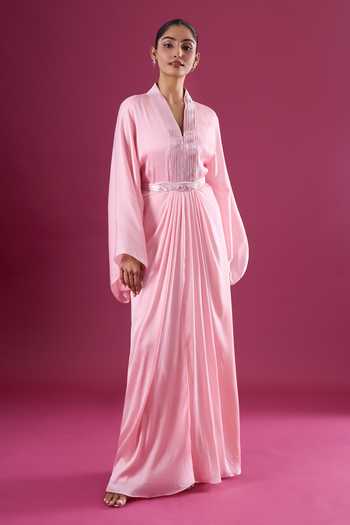 Shop_Amit Aggarwal_Pink Chiffon Sequins V-neck Embellished Yoke Kaftan _Online_at_Aza_Fashions