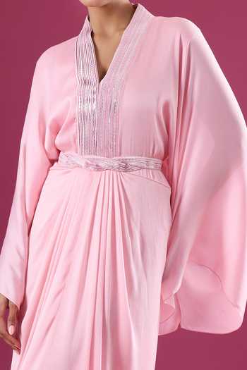Amit Aggarwal_Pink Chiffon Sequins V-neck Embellished Yoke Kaftan _at_Aza_Fashions