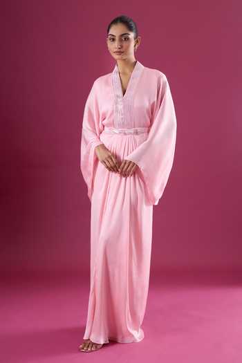 Buy_Amit Aggarwal_Pink Chiffon Sequins V-neck Embellished Yoke Kaftan _at_Aza_Fashions
