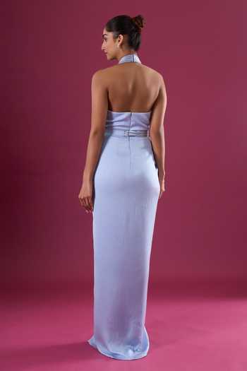 Shop_Amit Aggarwal_Blue Chiffon Sequins Halter Neck Placed Embellished Dress _at_Aza_Fashions