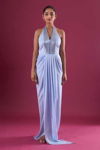 Shop_Amit Aggarwal_Blue Chiffon Sequins Halter Neck Placed Embellished Dress _Online_at_Aza_Fashions