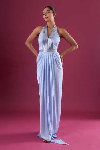 Buy_Amit Aggarwal_Blue Chiffon Sequins Halter Neck Placed Embellished Dress _at_Aza_Fashions