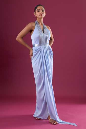 Amit Aggarwal_Blue Chiffon Sequins Halter Neck Placed Embellished Dress _at_Aza_Fashions