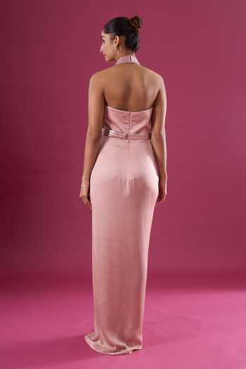 Shop_Amit Aggarwal_Blush Chiffon Sequins Halter Neck Yoke Embellished Dress _at_Aza_Fashions