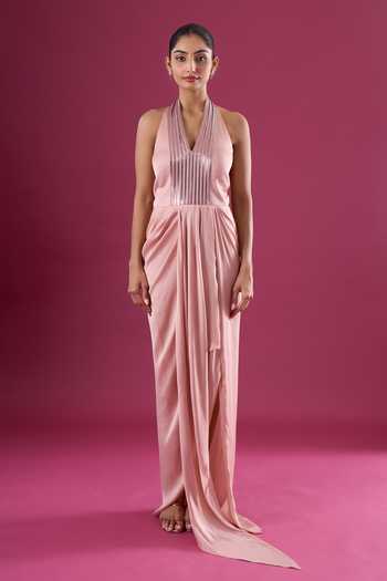 Buy_Amit Aggarwal_Blush Chiffon Sequins Halter Neck Yoke Embellished Dress _Online_at_Aza_Fashions