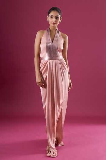Shop_Amit Aggarwal_Blush Chiffon Sequins Halter Neck Yoke Embellished Dress _Online_at_Aza_Fashions
