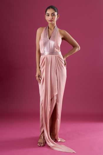 Buy_Amit Aggarwal_Blush Chiffon Sequins Halter Neck Yoke Embellished Dress _at_Aza_Fashions