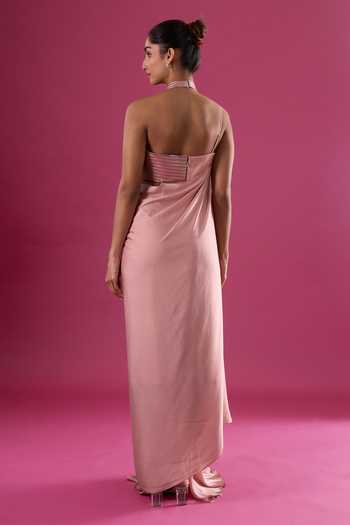 Shop_Amit Aggarwal_Pink Chiffon Sequins Choker Neck Asymmetric Cutwork Embellished Dress _at_Aza_Fashions