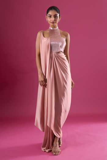 Amit Aggarwal_Pink Chiffon Sequins Choker Neck Asymmetric Cutwork Embellished Dress _Online_at_Aza_Fashions