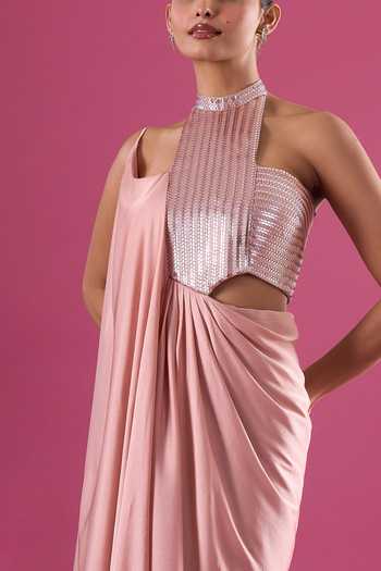Buy_Amit Aggarwal_Pink Chiffon Sequins Choker Neck Asymmetric Cutwork Embellished Dress _Online_at_Aza_Fashions