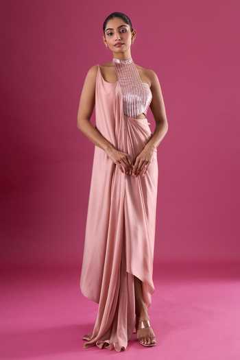 Shop_Amit Aggarwal_Pink Chiffon Sequins Choker Neck Asymmetric Cutwork Embellished Dress _Online_at_Aza_Fashions