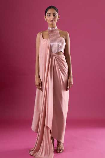 Amit Aggarwal_Pink Chiffon Sequins Choker Neck Asymmetric Cutwork Embellished Dress _at_Aza_Fashions