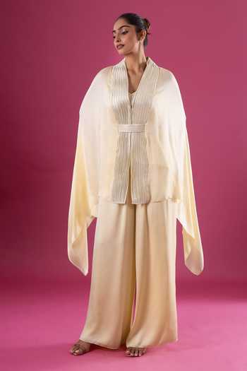 Buy_Amit Aggarwal_Yellow Chiffon Sequins Shawl Neck Placed Embellished Cape And Pant Set _Online_at_Aza_Fashions