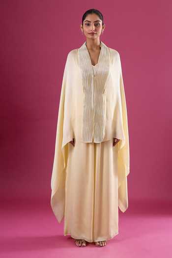 Shop_Amit Aggarwal_Yellow Chiffon Sequins Shawl Neck Placed Embellished Cape And Pant Set _Online_at_Aza_Fashions